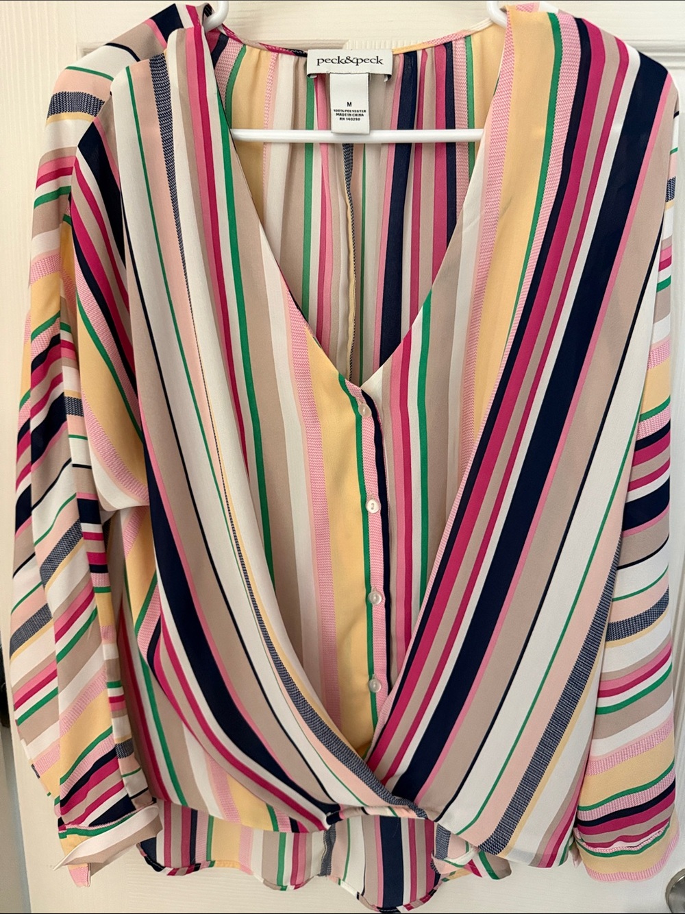Peck & Peck Multi-Striped V-Neck Button Blouse